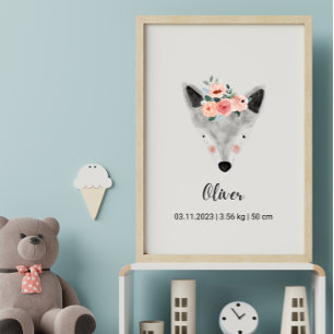 Niedlicher Watercolor Wolf mit Blume   Boho Kinder Poster