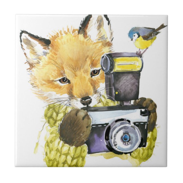 Niedlicher WatercolorFox, der Fotos macht Fliese (Vorderseite)