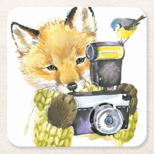 Niedlicher WatercolorFox, der Fotos macht Rechteckiger Pappuntersetzer