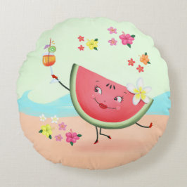 Niedlicher Watermelon-Charakter und Strand Rundes Kissen