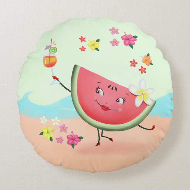 Niedlicher Watermelon-Charakter und Strand Rundes Kissen (Vorderseite)