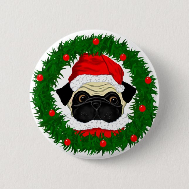 Niedlicher Weihnachts-Mops Santa Maria in Kranz Button (Vorderseite)