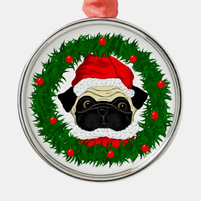 Niedlicher Weihnachts-Mops Santa Maria in Kranz Ornament Aus Metall (Vorne)