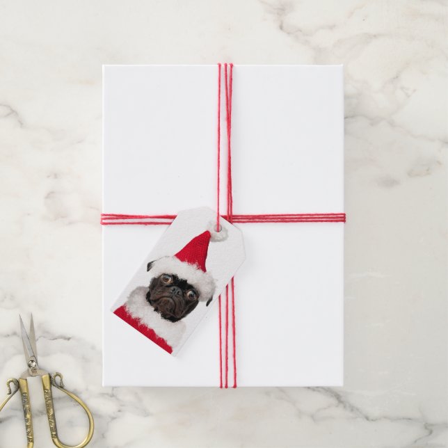 Niedlicher Weihnachts-Mops Welpe Santa Mergumas Geschenkanhänger (Mit Garn)