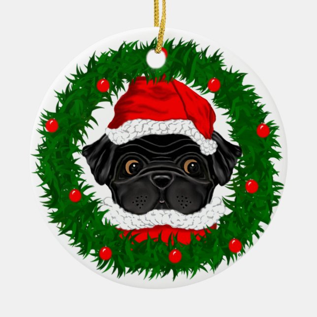 Niedlicher Weihnachts-Schwarzer Mops Weihnachten i Keramikornament (Vorne)