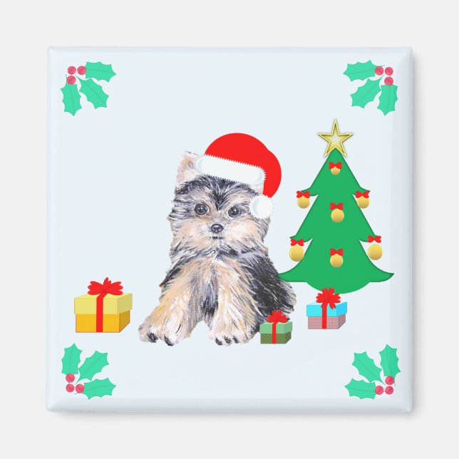 Niedlicher Weihnachts-Yorkshire-Welpenhund Magnet (Vorne)