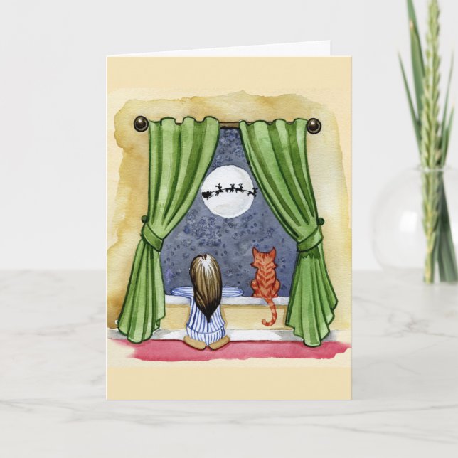 Niedlicher Weihnachtsabend Kind & Kitty Cat Wasser Karte (Vorderseite)