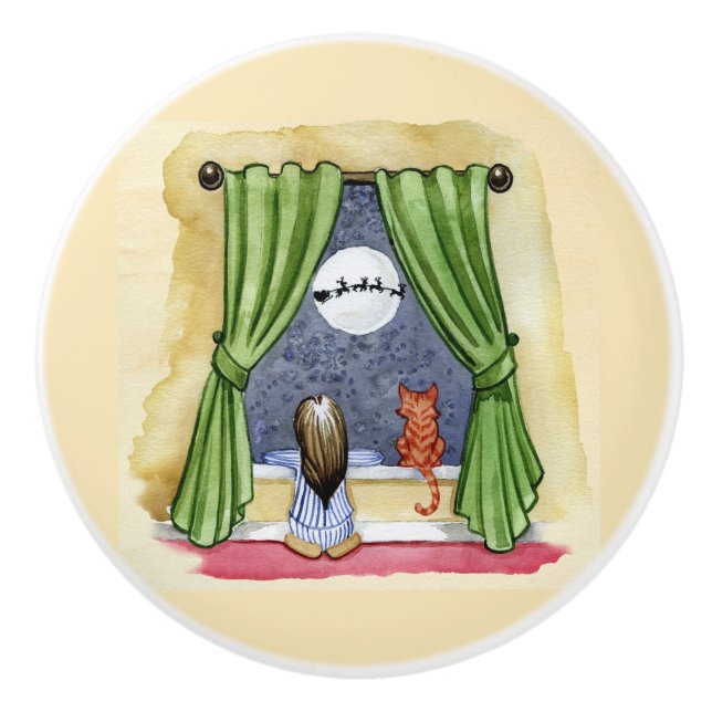 Niedlicher Weihnachtsabend Kind & Kitty Cat Wasser Keramikknauf (Vorderseite)