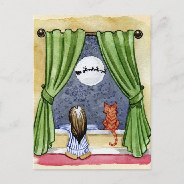 Niedlicher Weihnachtsabend Kind & Kitty Cat Wasser Postkarte (Vorderseite)