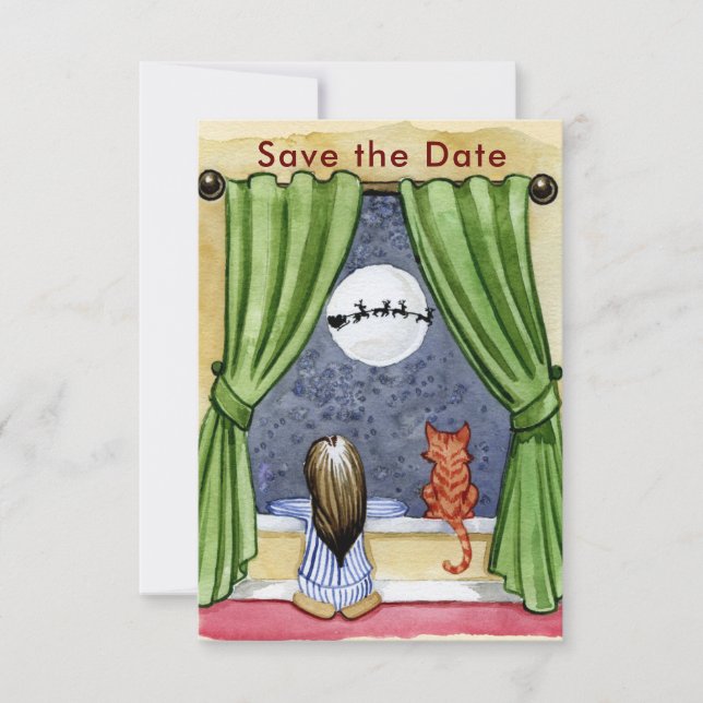 Niedlicher Weihnachtsabend Kind & Kitty Cat Wasser Save The Date (Vorderseite)