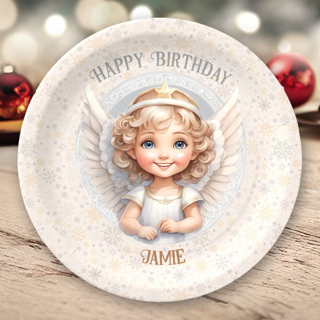 Niedlicher Weihnachtsangel Geburtstagsnamenpapier- Pappteller (Cute Christmas Angel Birthday Paper Plates)