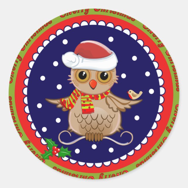 Niedlicher Weihnachtsaufkleber mit Santa Owl Runder Aufkleber (Vorderseite)