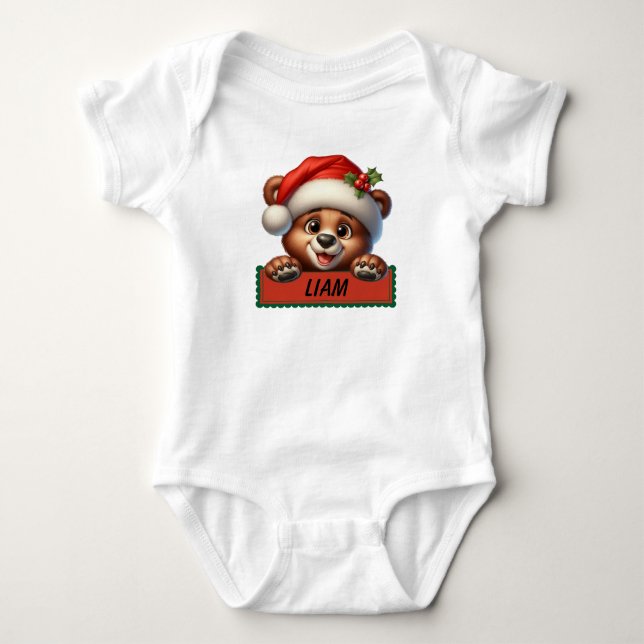 Niedlicher Weihnachtsbär Individuelle Name Baby Bo Strampler (Vorderseite)