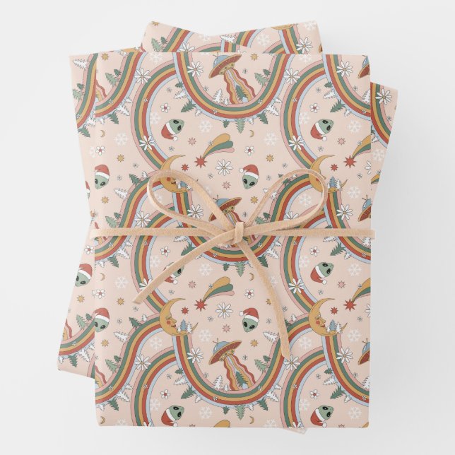 Niedlicher Weihnachtsbaum Alien Rainbow Holiday Pa Geschenkpapier Set (Beispiel)