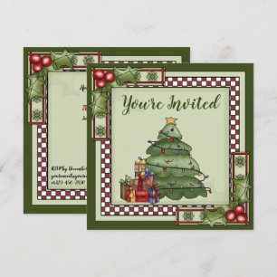 Niedlicher Weihnachtsbaum, Geschenke und Holly Hol Einladung