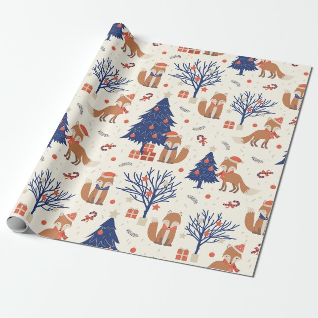 Niedlicher Weihnachtsbaum gibt Stars Fox Blue Red  Geschenkpapier (Ungerollt)