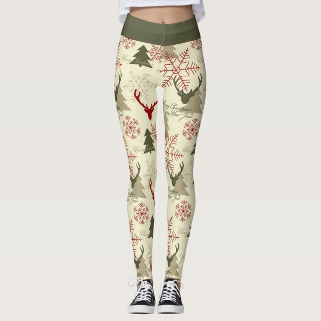 Niedlicher Weihnachtsbaum Hirsch Grünes Muster Fei Leggings (Vorderseite)