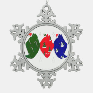 Niedlicher Weihnachtsbaum Holiday Halibut Trio Schneeflocken Zinn-Ornament