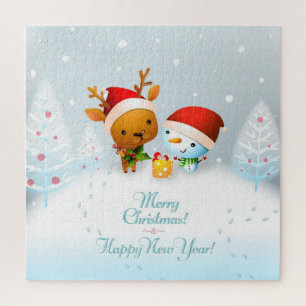 Niedlicher Weihnachtsbaum Rentier und Snowman Jigs Puzzle