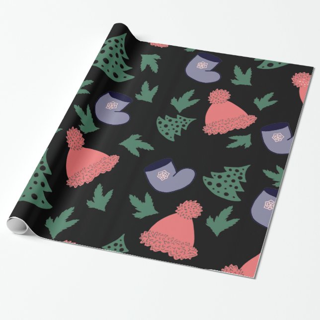 Niedlicher Weihnachtsbaum, Strümpfe, Rote Hats auf Geschenkpapier (Ungerollt)