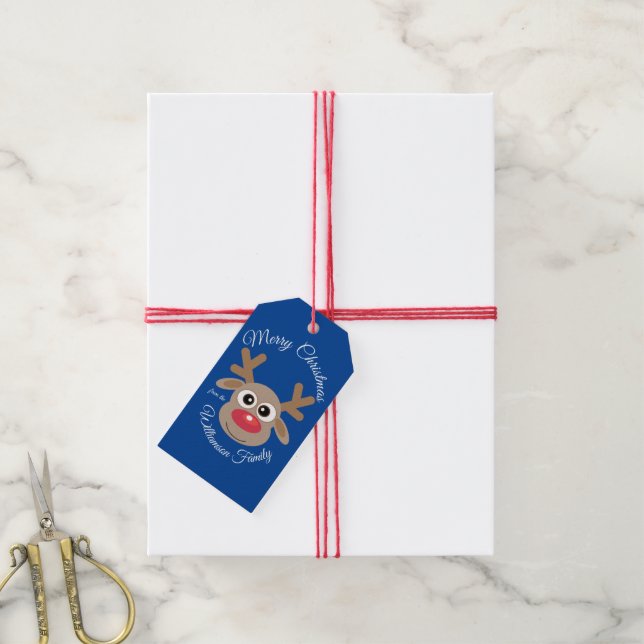 Niedlicher Weihnachtsbaum Weißer Script Name Blau Geschenkanhänger (Mit Garn)