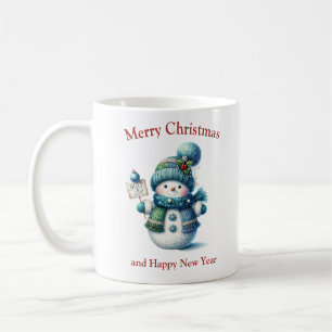 Niedlicher Weihnachtsbund mit blauem Schal und Hut Kaffeetasse