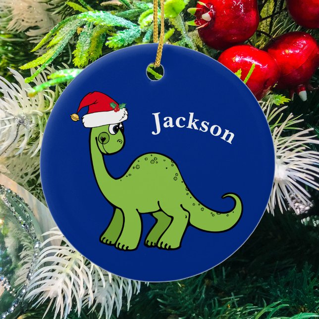 Niedlicher Weihnachtsdinosaurier Custom Kids Blue Keramik Ornament (Von Creator hochgeladen)