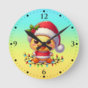 Niedlicher Weihnachtsduck-Cartoon Santa-68362 Runde Wanduhr