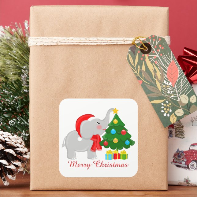 Niedlicher Weihnachtselefantenbaum: Meldungsaufkle Quadratischer Aufkleber (Feiertag)