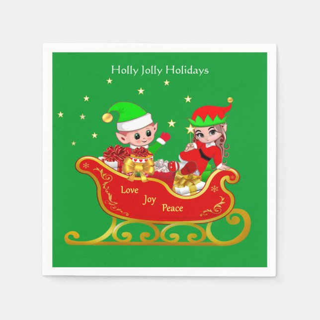 Niedlicher Weihnachtself auf Sleigh mit den Presti Serviette (Vorderseite)