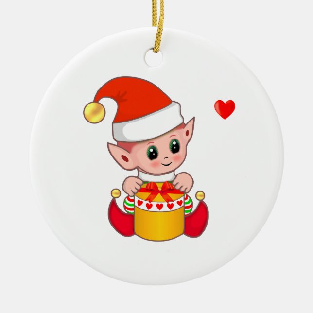Niedlicher Weihnachtself auf Weiß Keramik Ornament (Vorne)