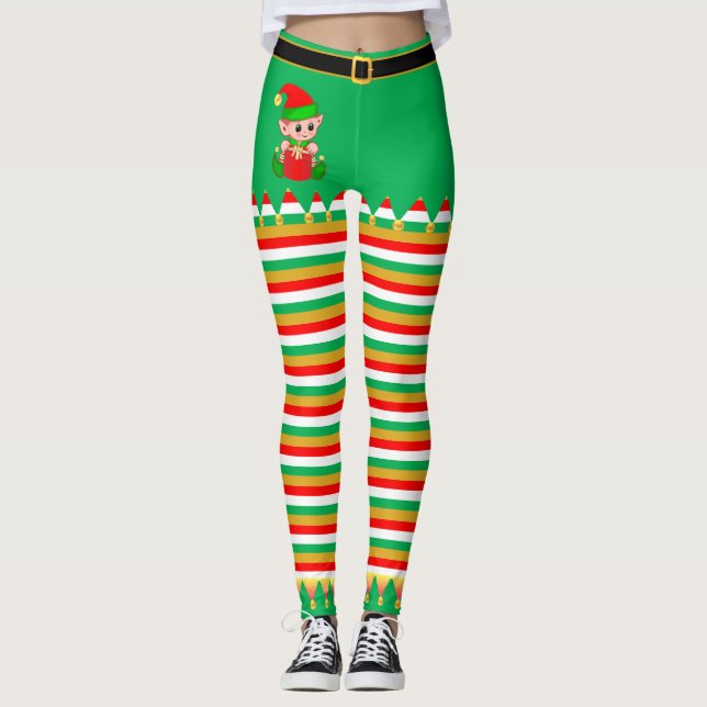 Niedlicher Weihnachtself & Jingle Bells on Stripin Leggings (Vorderseite)