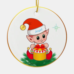 Niedlicher Weihnachtself & Stern auf Weiß Keramik Ornament