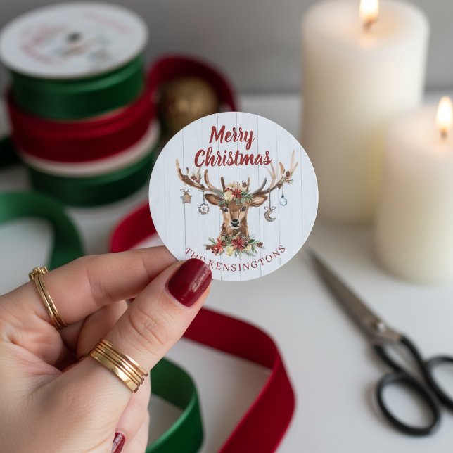 Niedlicher Weihnachtsfeiertag Runder Aufkleber (Cute Rustic Christmas Deer Ornaments Holiday Classic Round Stickers)
