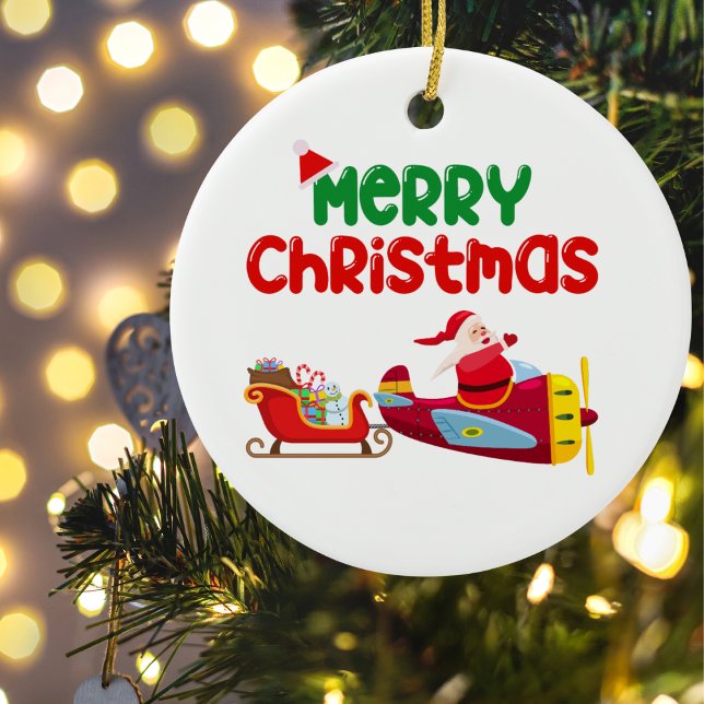 Niedlicher Weihnachtsflug in Flugzeug & Schlitten, Keramik Ornament (Von Creator hochgeladen)
