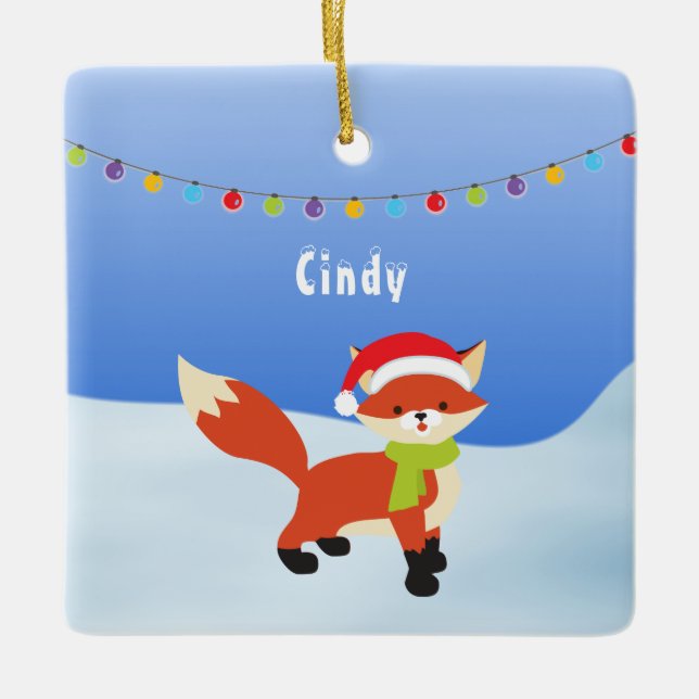 Niedlicher Weihnachtsfox auf Schnee Keramikornament (Vorderseite)