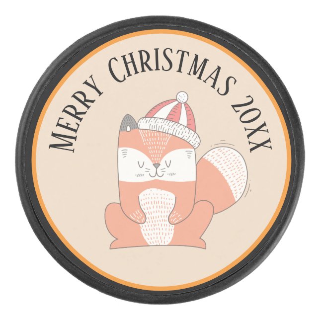 Niedlicher Weihnachtsfox mit Hut Eishockey Puck (Vorderseite)