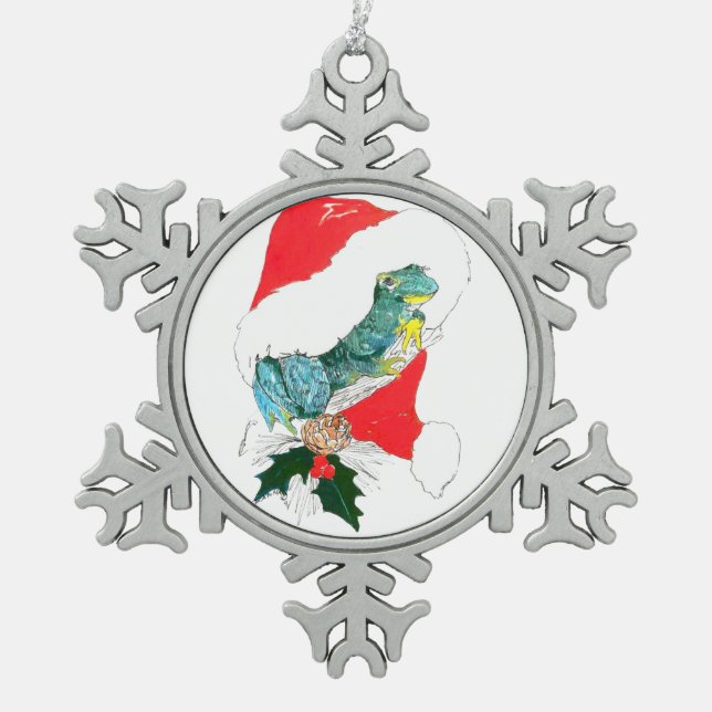 Niedlicher Weihnachtsfrosch mit Weihnachtsmannmütz Schneeflocken Zinn-Ornament (Vorderseite)