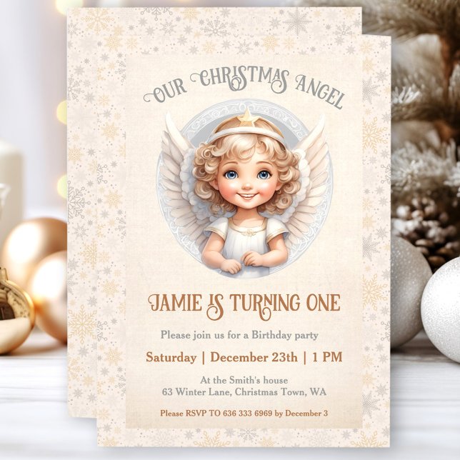 Niedlicher Weihnachtsgel 1. Geburtstag Einladung (Cute Christmas Angel 1st Birthday Invitation)