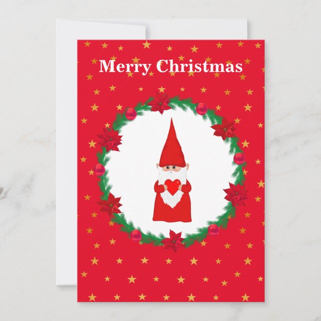 Niedlicher Weihnachtsgnom, Kiefernkranz und Sterne (Vorderseite)