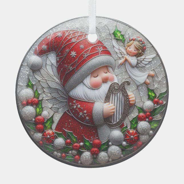 Niedlicher Weihnachtsgnome und ein Engel aus Stain Ornament Aus Glas (Vorderseite)