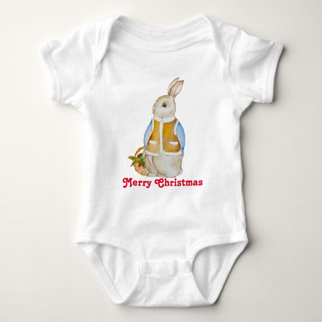 Niedlicher Weihnachtshase mit einem Korb mit Ficht Baby Strampler (Vorderseite)