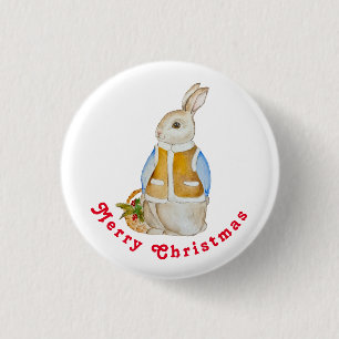 Niedlicher Weihnachtshase mit einem Korb mit Ficht Button