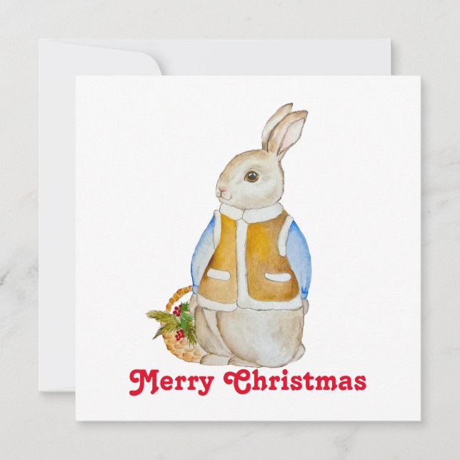 Niedlicher Weihnachtshase mit einem Korb mit Ficht Einladung (Vorderseite)