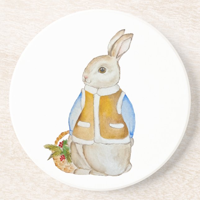 Niedlicher Weihnachtshase mit einem Korb mit Ficht Getränkeuntersetzer (Vorne)