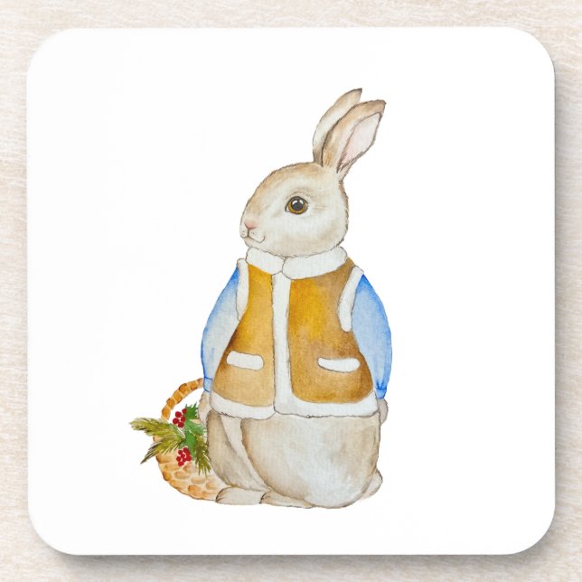 Niedlicher Weihnachtshase mit einem Korb mit Ficht Getränkeuntersetzer (Vorderseite)