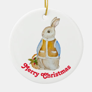 Niedlicher Weihnachtshase mit einem Korb mit Ficht Keramik Ornament
