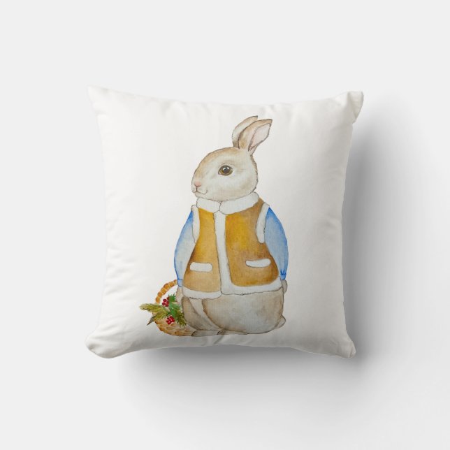 Niedlicher Weihnachtshase mit einem Korb mit Ficht Kissen (Vorderseite)
