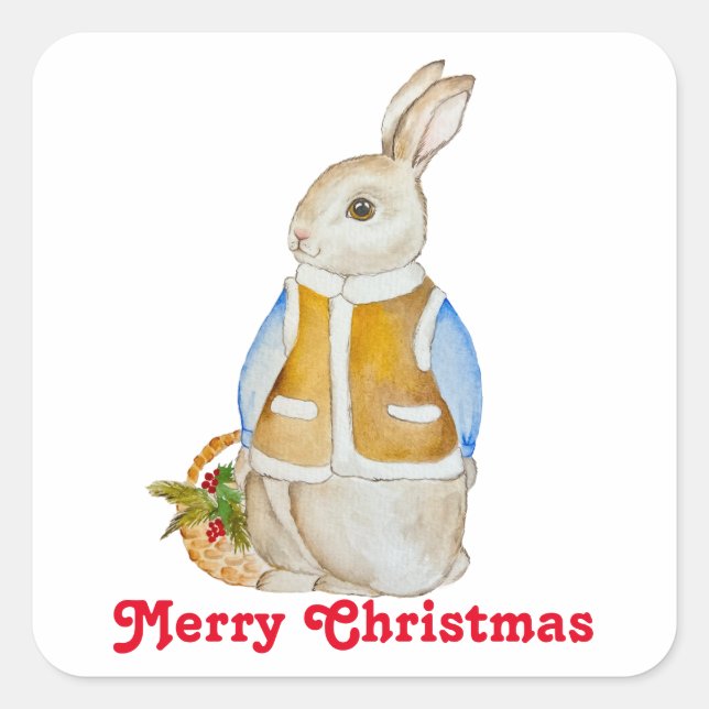 Niedlicher Weihnachtshase mit einem Korb mit Ficht Quadratischer Aufkleber (Vorderseite)