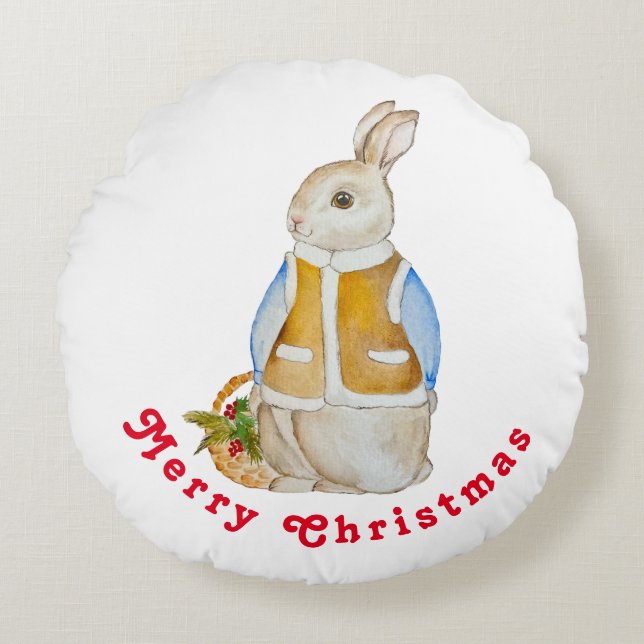 Niedlicher Weihnachtshase mit einem Korb mit Ficht Rundes Kissen (Vorderseite)